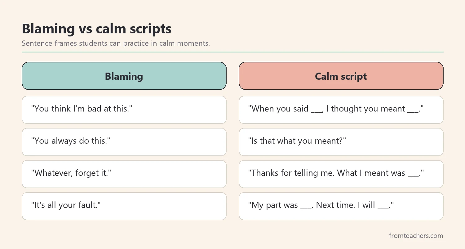 Comparison of blaming statements and calm scripts students can use during a misunderstanding