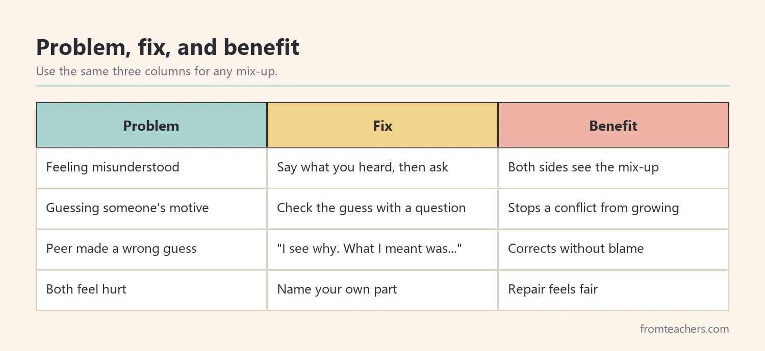 Table of common student misunderstandings with a calm fix and the benefit of each