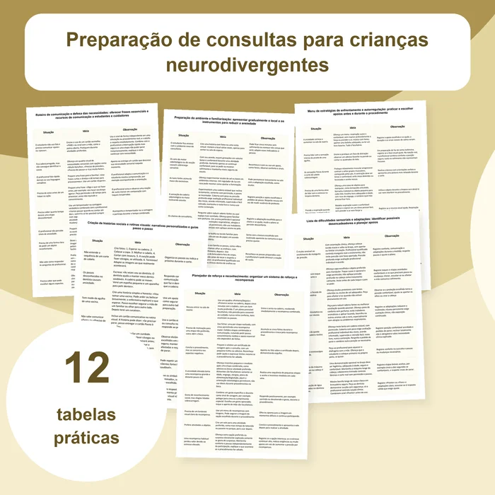 Capa do material Consultas para crianças neurodivergentes, com 12 tabelas de preparação