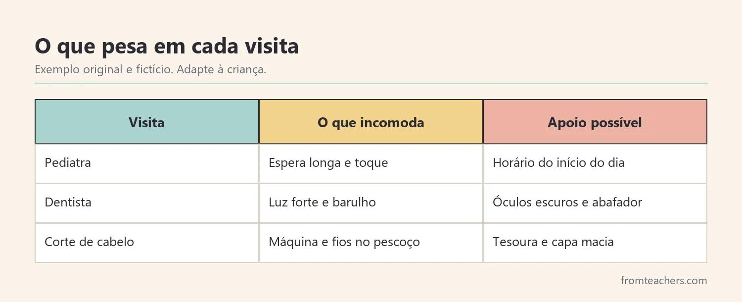 Tabela fictícia com o que incomoda em cada tipo de visita e apoios possíveis