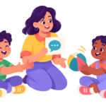 Two children practicing conversation turn taking while passing a ball