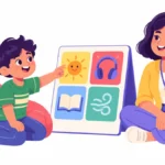 Illustration for coping skills menu: a boy pointing to a colorful choice poster in a calm corner while a counselor sits nearby