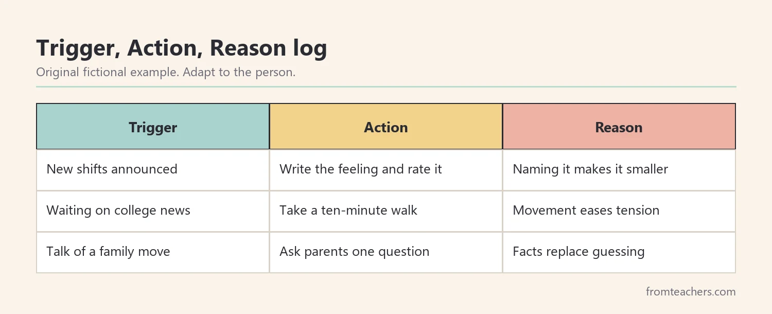 Table showing a trigger, an action, and the reason behind it for three fictional situations