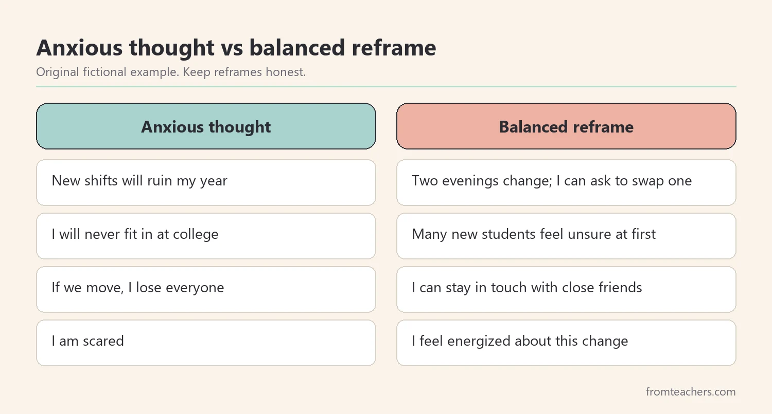 Comparison of anxious thoughts and balanced reframes for a fictional teen