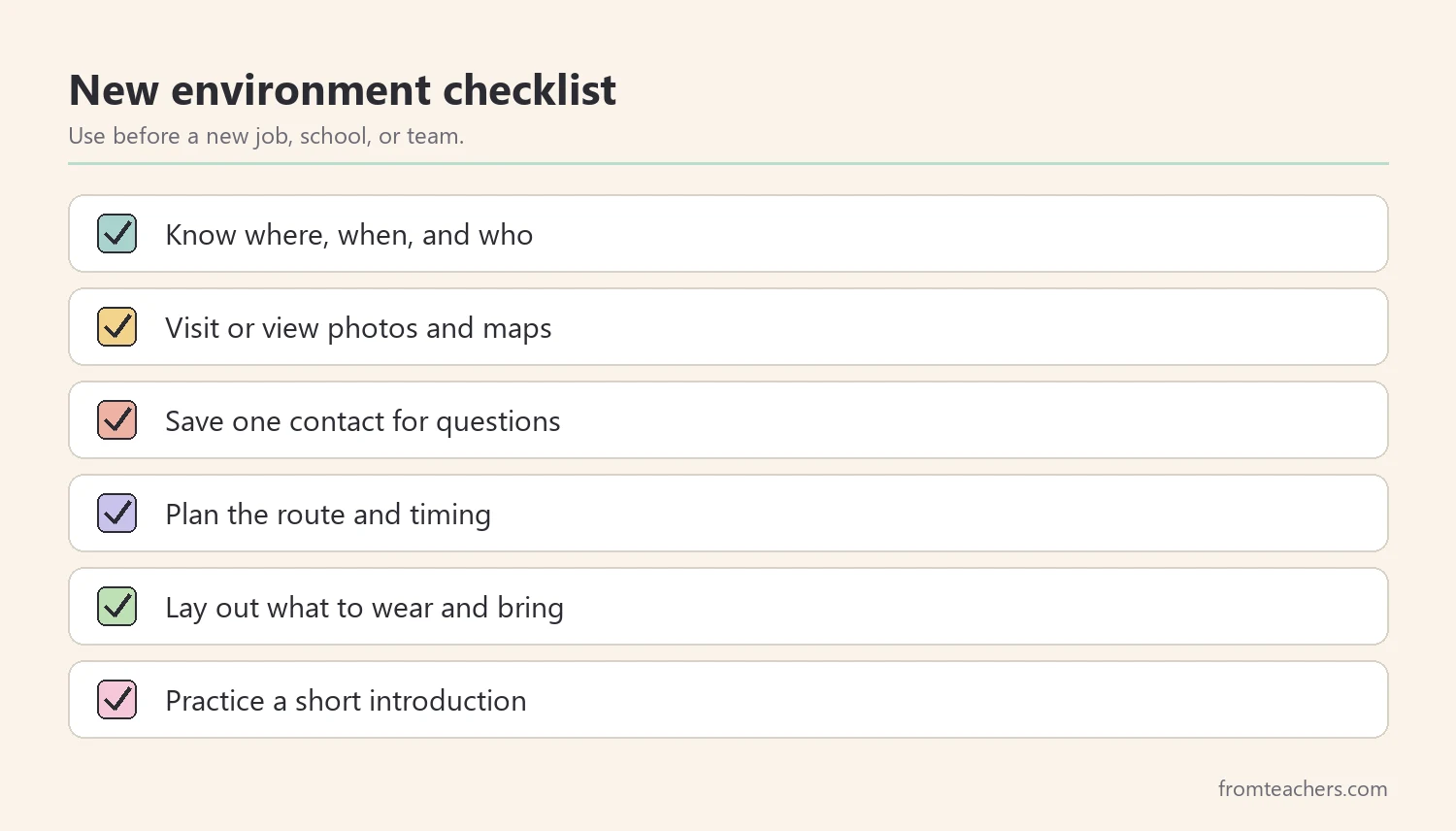 Checklist for preparing for a new job, school, or team