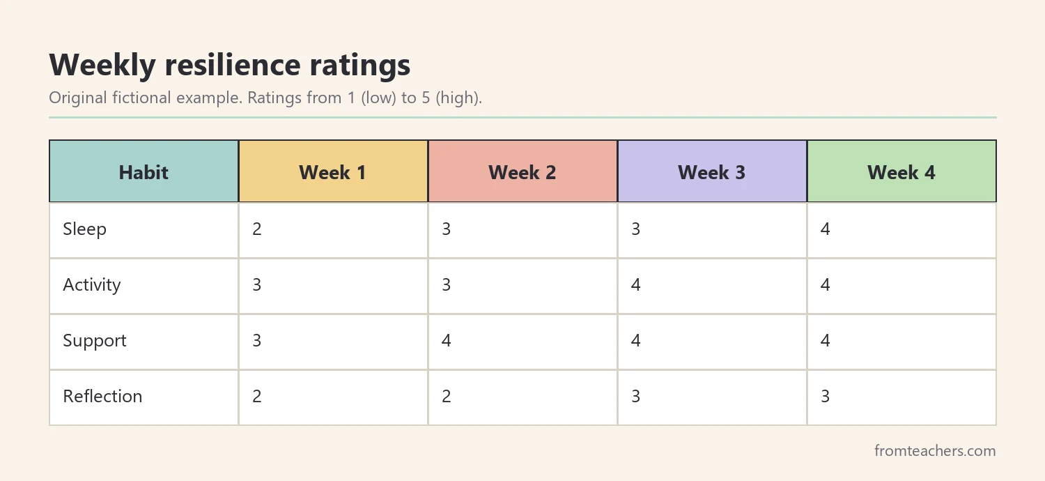 Table of fictional weekly self-ratings for sleep, activity, support, and reflection