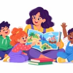Illustration for critical thinking for kids: a teacher reading an adventure picture book to three young children who raise their hands with ideas, one pointing at a map in the book
