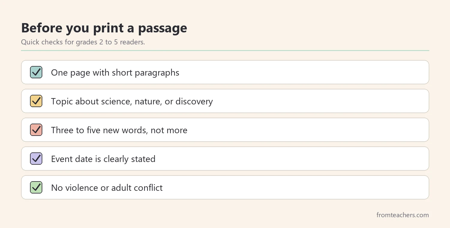 Checklist for choosing current events reading passages for grades 2 to 5