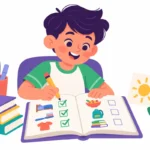 Illustration for daily routine for students: a boy at his desk checking off a morning routine checklist in a journal while sunlight comes through the classroom window