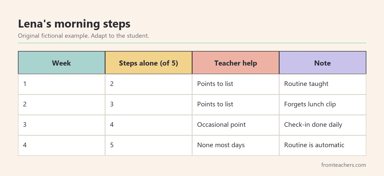Table of four weeks of morning routine steps completed independently by a fictional student