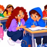 Illustration of a teacher crouching beside a teen student's desk for a quiet private check-in