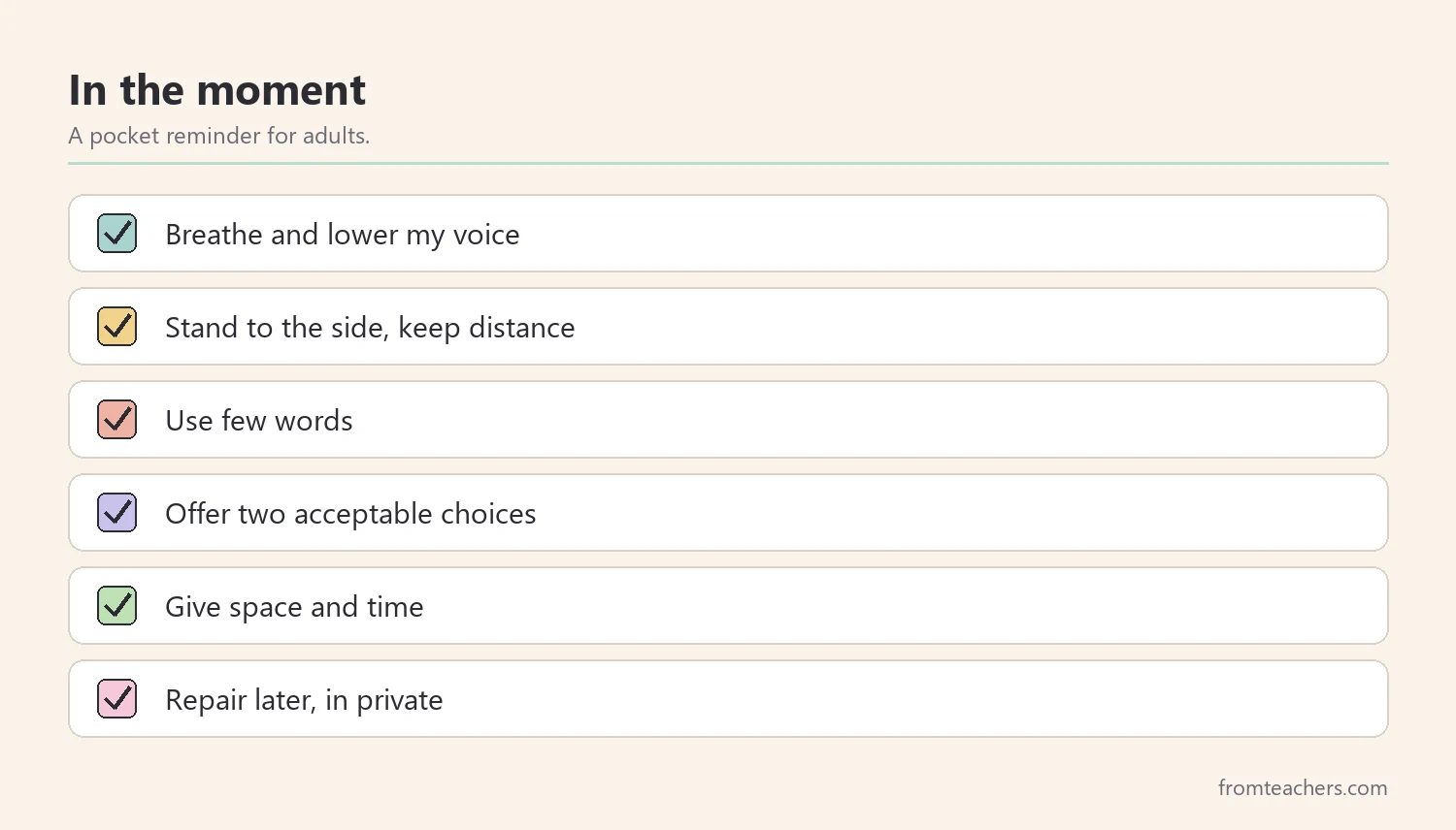 Checklist of quick reminders for adults during a de-escalation moment