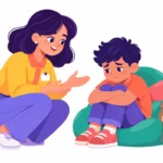 Illustration for de-escalation strategies for teachers: a calm teacher crouching at eye level beside an upset boy in a quiet classroom corner, speaking softly with open hands