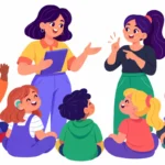 Teacher facing deaf and hard of hearing students while an interpreter signs beside her