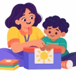Illustration for deafblind classroom strategies: a teacher guiding a child's hands over a tactile object symbol on a calendar box