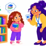 Illustration for decision paralysis in students: a girl standing at a classroom bookshelf holding two books while a teacher nearby smiles and shows three fingers