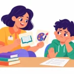 Illustration for demand avoidance in school: a calm teacher sitting at eye level beside a student who has pushed a worksheet away, offering two choice cards