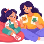 Illustration for demand avoidance supports: a mother sitting beside a girl on a beanbag offering two picture choices with a soft smile