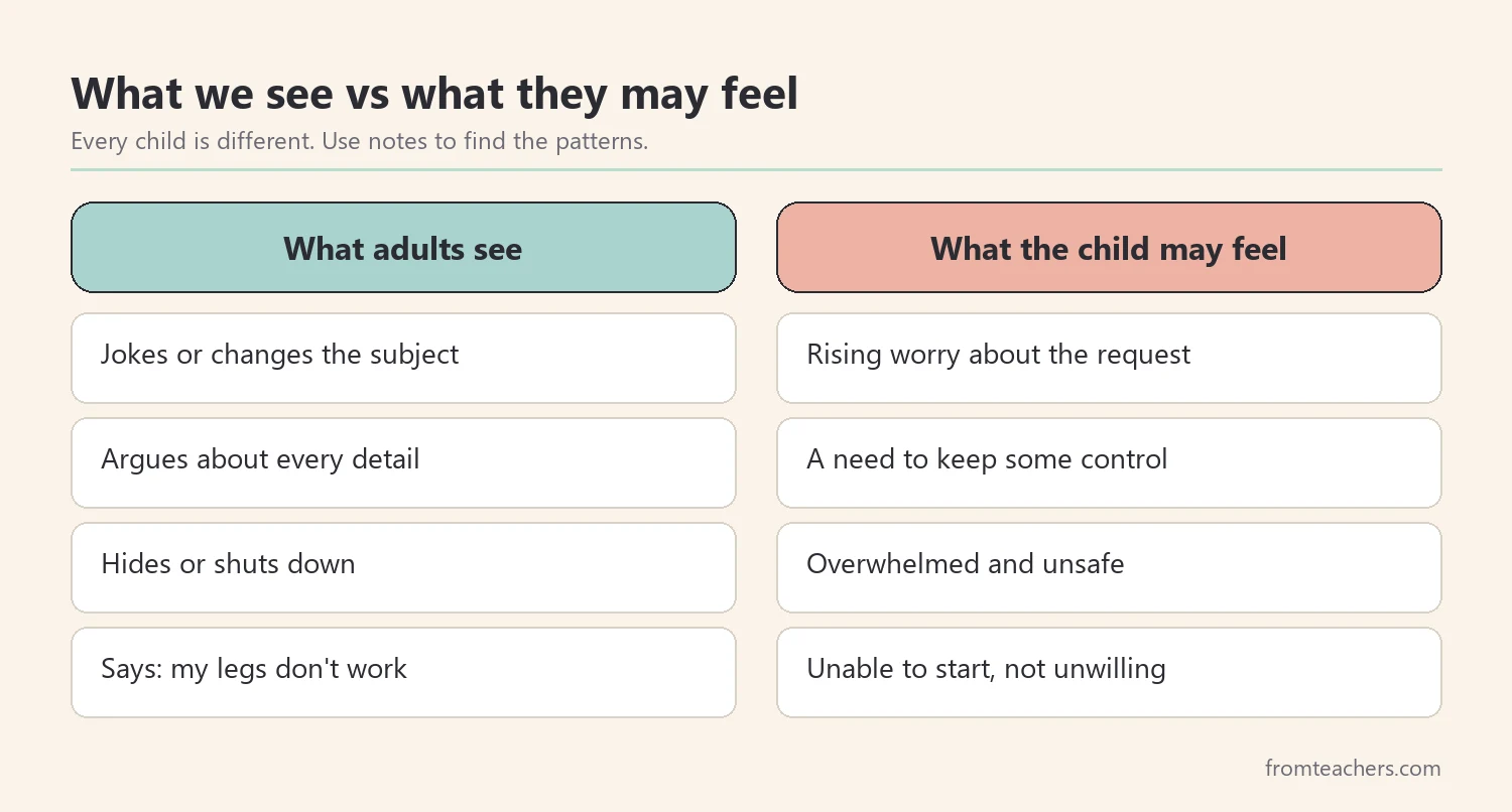 Comparison of how demand avoidance can look to adults and what the child may be feeling