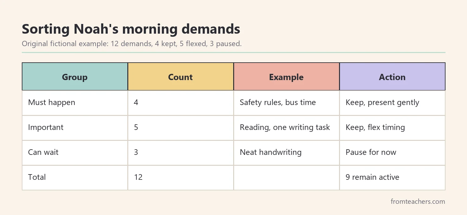 Table sorting fictional morning demands into must happen, important, and can wait
