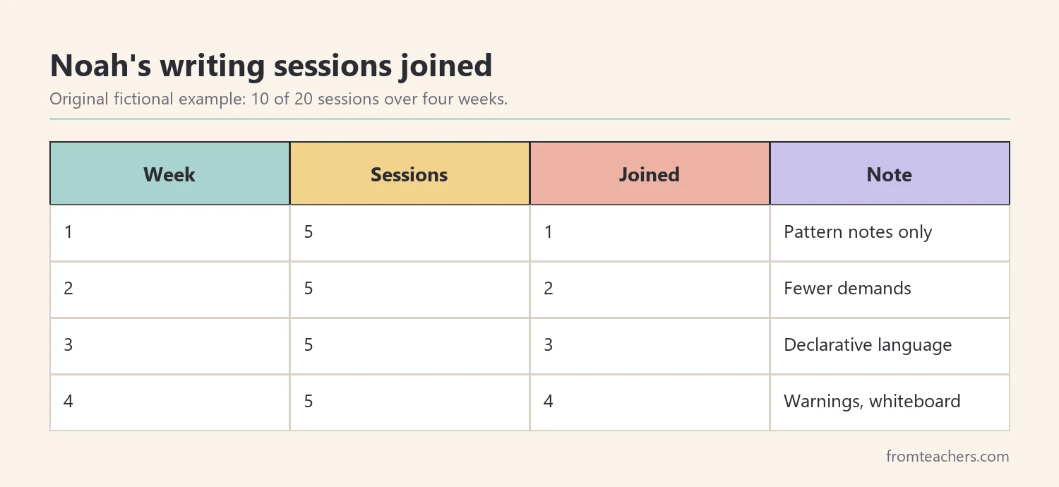 Table of four weeks of fictional data showing writing sessions joined