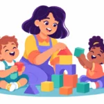 Illustration for developmental delay activities: a preschool teacher kneeling on a play mat stacking colorful blocks with two toddlers who are laughing