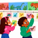Illustration of grade 3 students adding dinosaur notes to a long paper timeline in a school hallway