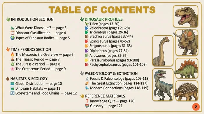Preview of the dinosaur field guide table of contents with sections and species profiles