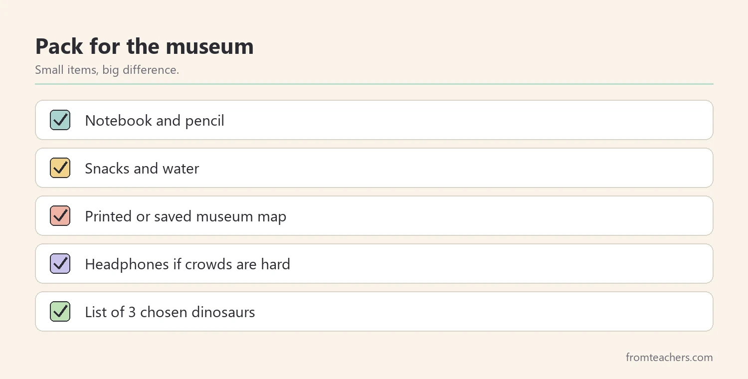 Checklist of items to pack for a dinosaur museum visit with kids