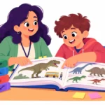 Illustration of a reading teacher and a boy enjoying dinosaur reading activities with an illustrated field guide