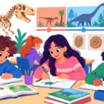 Illustration of middle school students writing in notebooks with dinosaur posters on the classroom wall