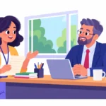 Illustration of a teacher calmly presenting notes to a school principal in an office meeting