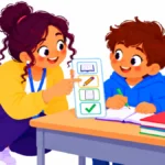DLD classroom strategies illustration showing a teacher crouching beside a student's desk pointing to picture-supported directions while the student smiles