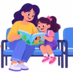 Illustration for doctor visit social story: a parent and a young girl reading a picture story together in a doctor's waiting room