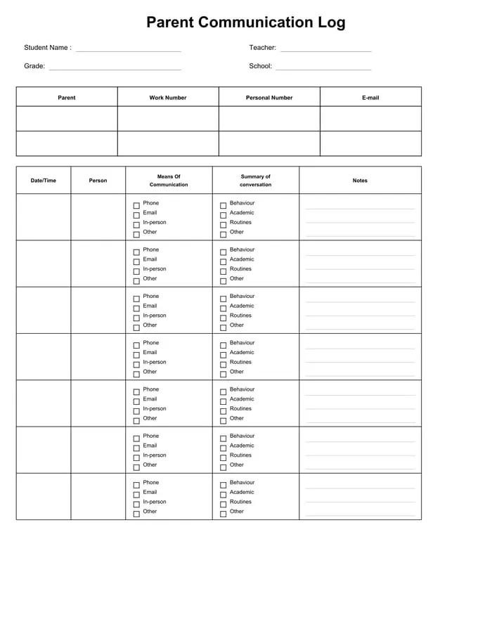 documenting parent contacts log cover