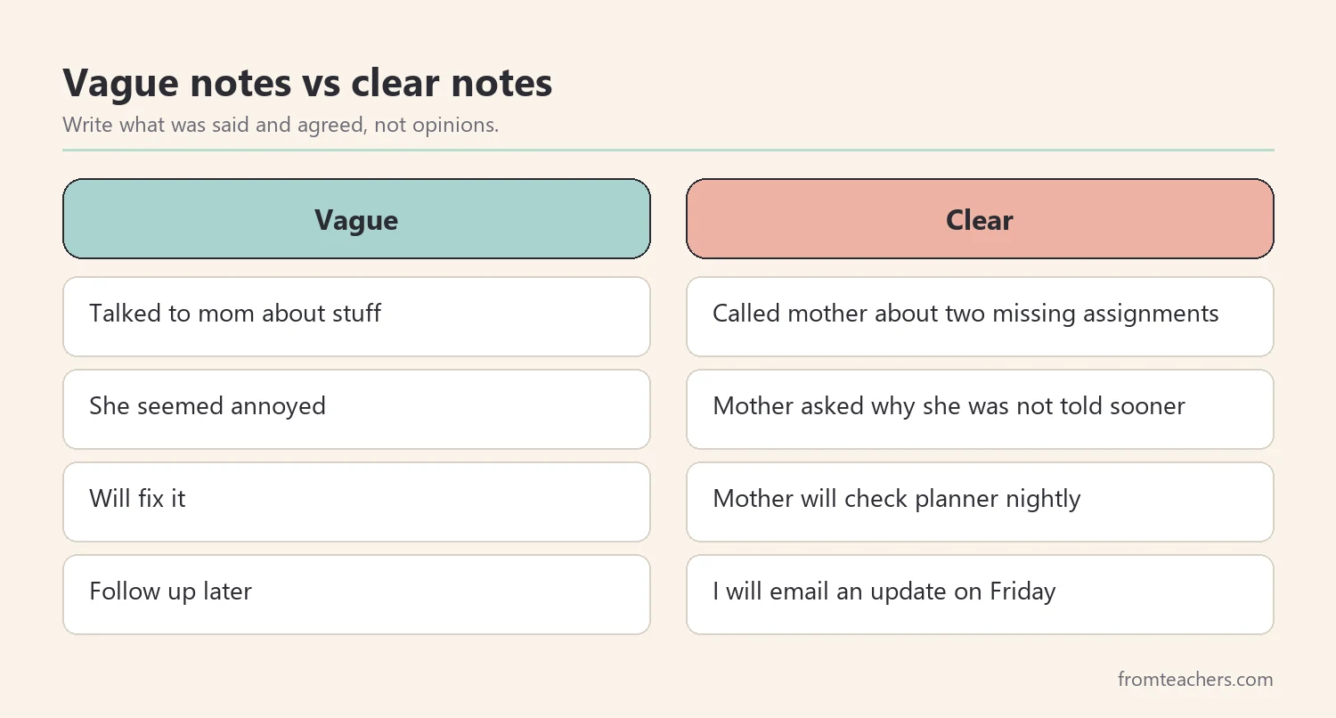 Comparison of vague notes and clear factual notes in a parent contact log
