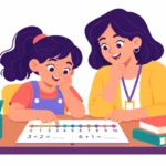 Illustration for dyscalculia accommodations: a teacher sitting beside a girl who uses a colorful number line to solve a math worksheet