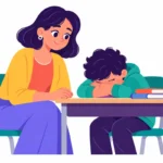 Illustration for dysregulation vs defiance: a teacher sitting quietly near a boy who is hiding his face in his arms at a desk