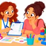 Kindergarten teacher and parent reviewing an early childhood IEP intake form together