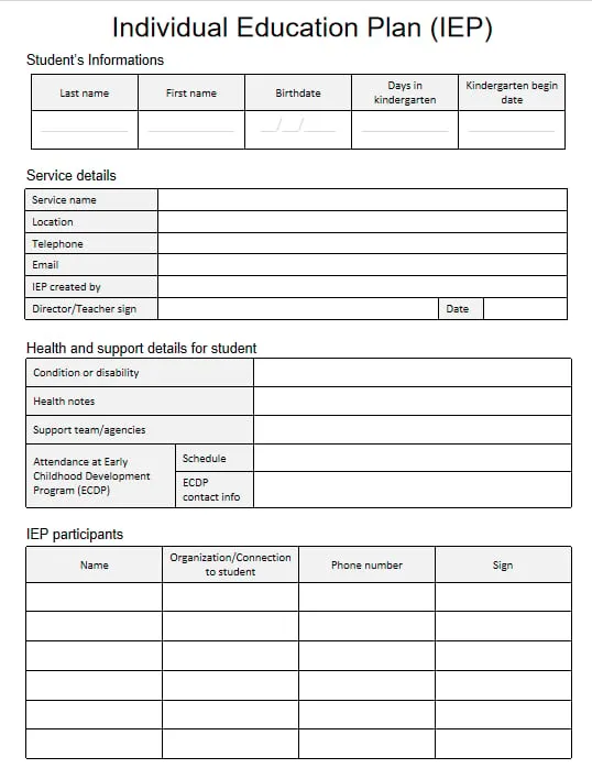early childhood IEP printable pages preview