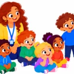 Illustration for early learning posters: a kindergarten child pointing to a number chart on the wall while classmates sit on the carpet