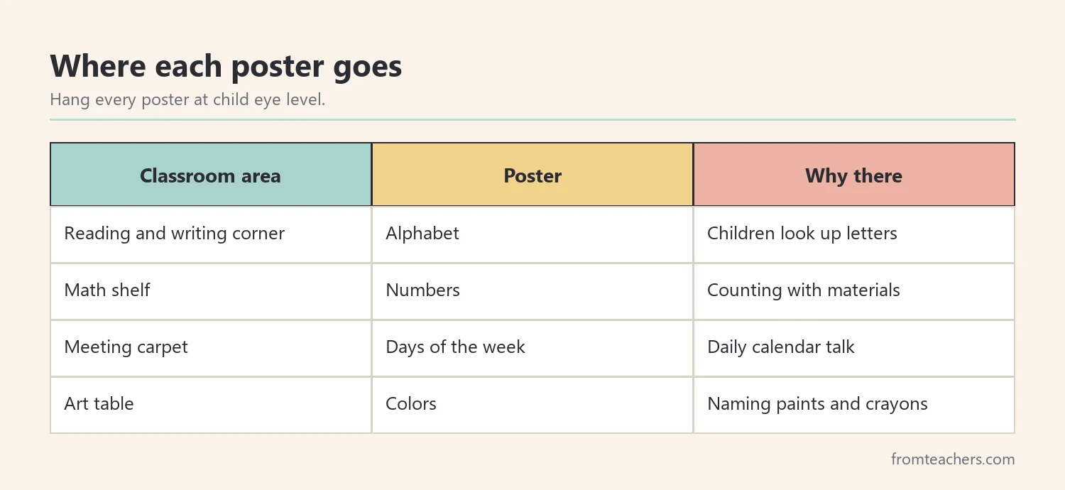 Table matching classroom areas with the poster that fits each area
