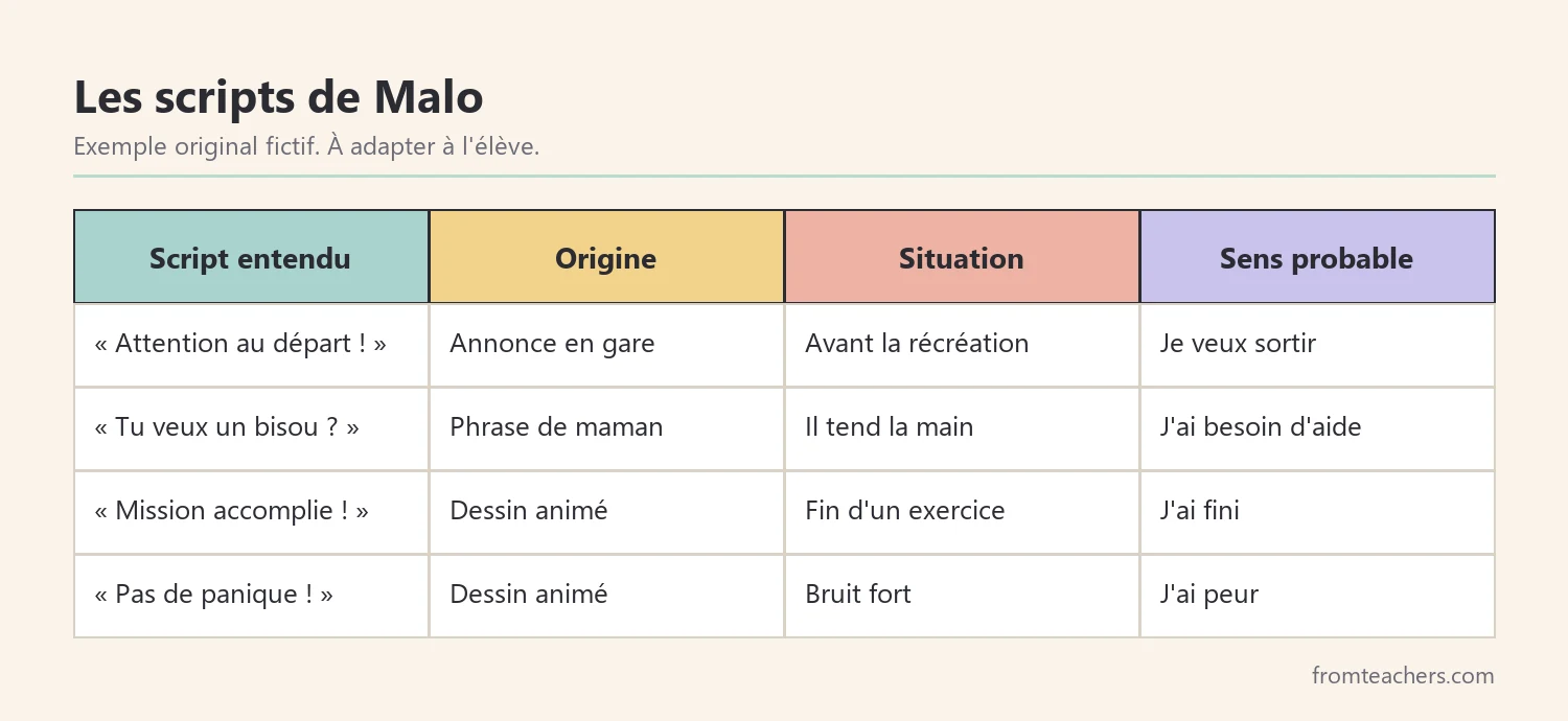 Tableau fictif des scripts de Malo avec leur origine, la situation et le sens probable