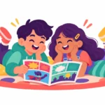 Illustration for educational comic books: two kids lying on a rug laughing while reading a colorful comic book together