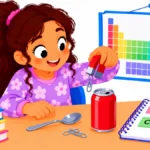 Illustration of a child testing household objects with a magnet next to a periodic table poster
