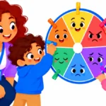 Illustration for emotion wheel for kids: children placing name clips on a colorful feelings wheel poster on a classroom wall