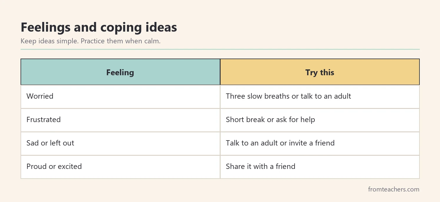 Table pairing feelings with simple coping ideas for children