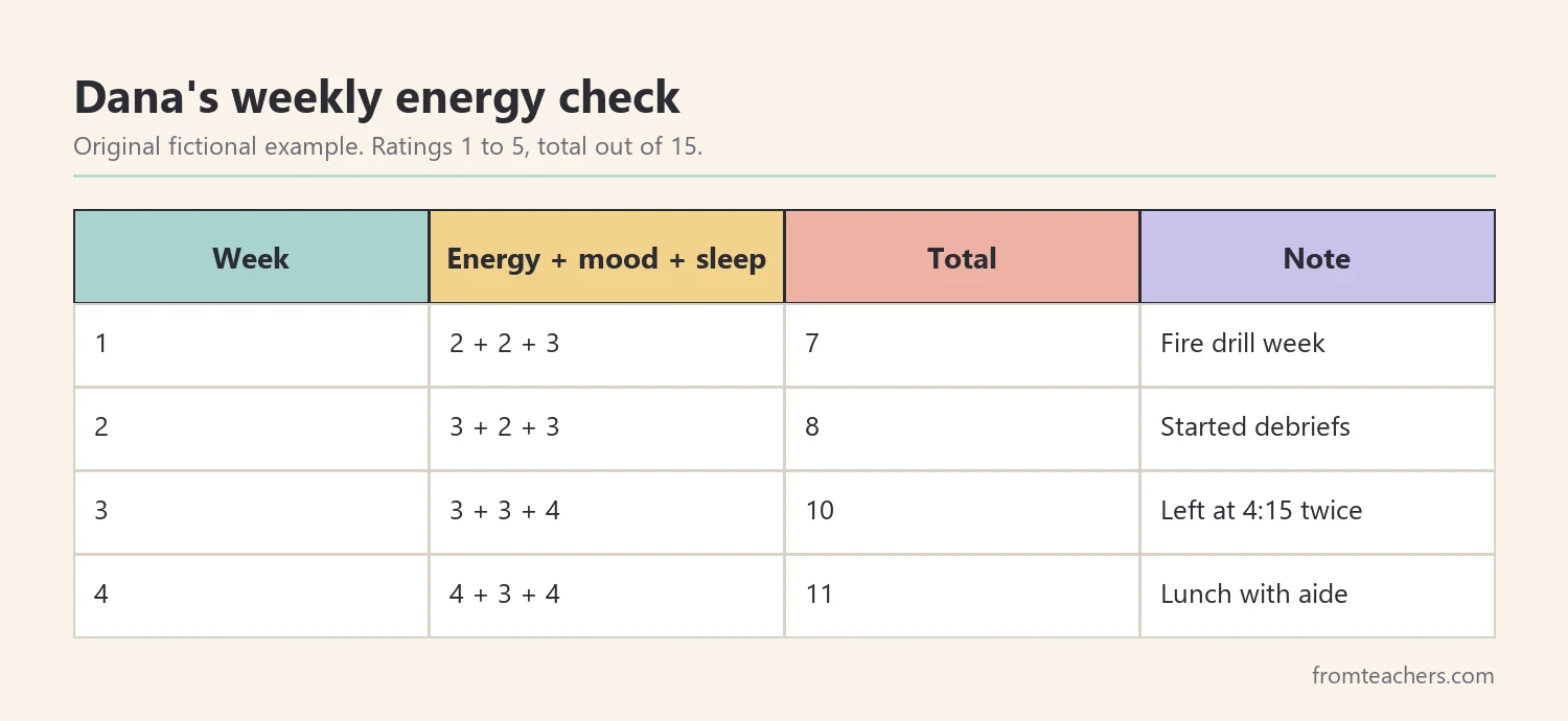 Weekly energy, mood, and sleep tracker for a fictional teacher over four weeks