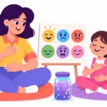 Illustration for emotional regulation activities: a teacher and a girl sitting on floor cushions breathing together beside a feelings poster with a glitter jar between them