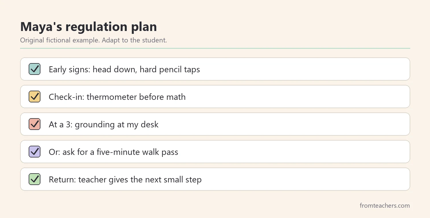 Checklist of the parts of a fictional student's personal regulation plan